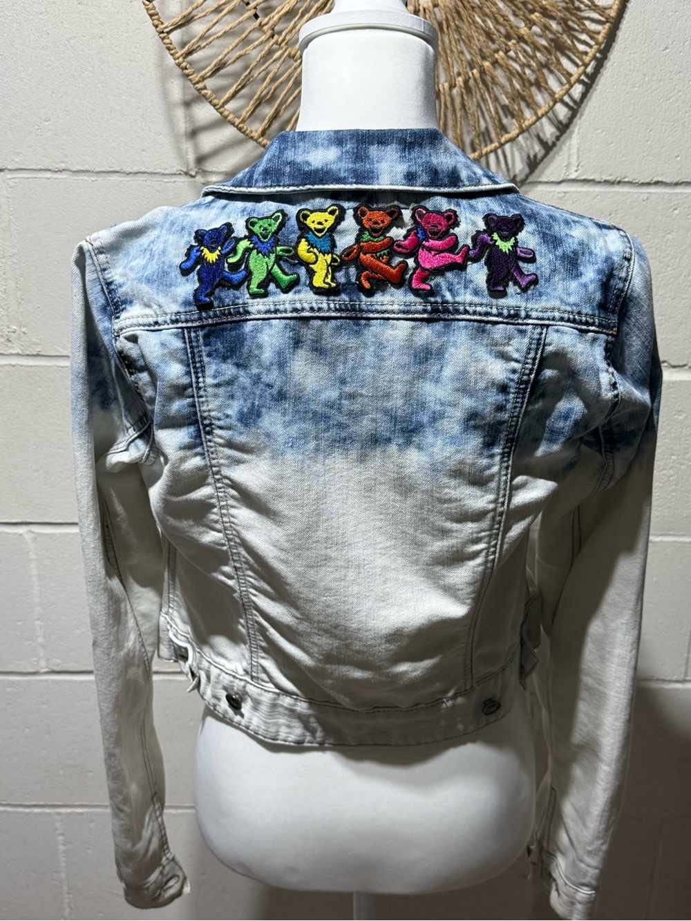 Grateful Dead Upcycled  Denim Jacket with Rainbow Bear Patch